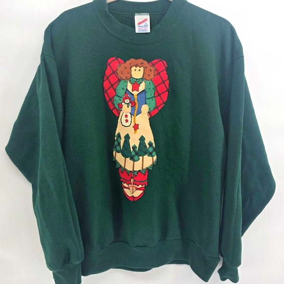 Jerzees Tops - Jerzees Vintage 80s Christmas Angel Sweatshirt Green Crewneck L